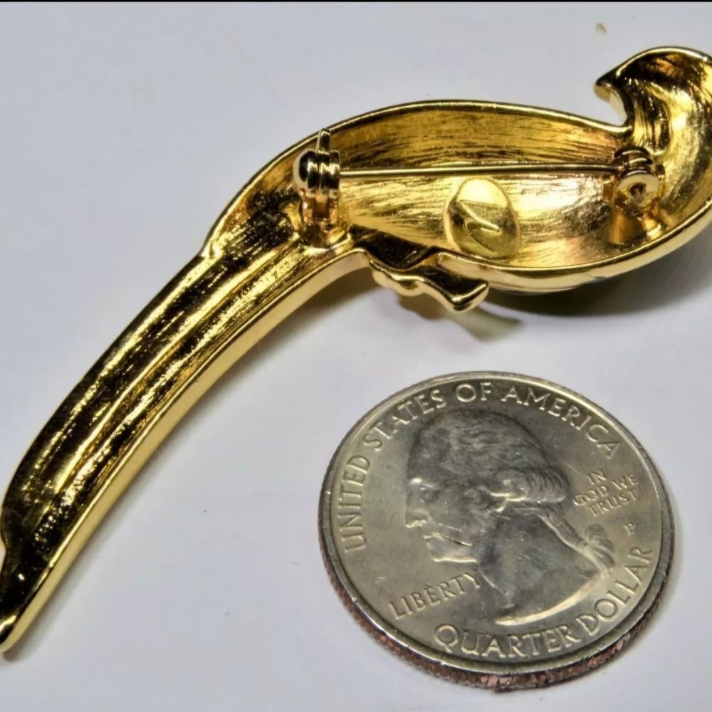 Vtg Liz Claiborne Brooch Gold Tone Rhinestone Yellow Green Enamel Bird 2.6" EUC - Picture 3 of 7